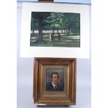 An oil on board, portrait of a gentleman with a moustache, 8" x 6 1/2", in gilt frame, and two