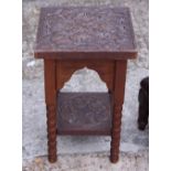 Two carved oak square top occasional tables