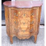 A Louis XVI design serpentine marquetry chest of four drawers with ormolu mounts and rouge marble