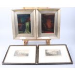 George Hannah: a pair of oils on board, buildings, Rowley Gallery label verso, 8" x 5 1/2", in