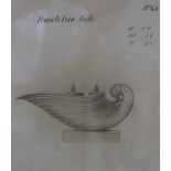 *A set of five monochrome prints of a Sevres inkstand, a nautilus shell, etc, 9" x 6 1/2", in gilt