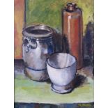 Gustaav de Bruyne: oil on canvas, still life of a bottle and jars, 15" x 11", in silvered frame