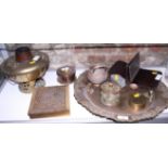 A Tibetan brass prayer wheel, a brass brazier, a number of copper boxes, etc