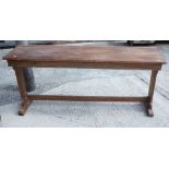 A late 19th century pitch pine school desk with adjustable top, on panel end supports, 60" long