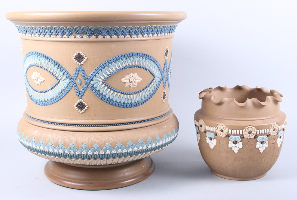 A 19th century Doulton silicon ware jardiniere with three-colour sprig decoration, 18" high, and