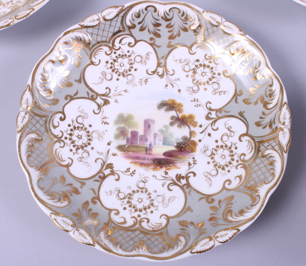 Four 19th century white, grey and gilt decorated cups and saucers, with hand-painted rural scenes to - Image 3 of 8