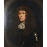 An 18th century oil painting, portrait of a cavalier in armour, in gilt frame with acanthus leaf