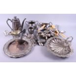 A selection of silver plated flatware, a silver plated teaset, an ivory brush and various other