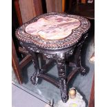 A Chinese carved rosewood vase stand, top inset marble panel, 15" dia