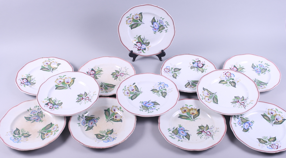 Twelve 19th century "opaque porcelain" dessert plates, transfer decorated with floral posies