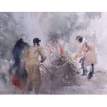 Elizabeth Scott-Moore: a late 20th century watercolour, "Winter Bonfire", 13" x 17", and companion