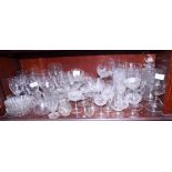 A quantity of glassware, including a decanter, bowls, pedestal glasses, jugs, and other items