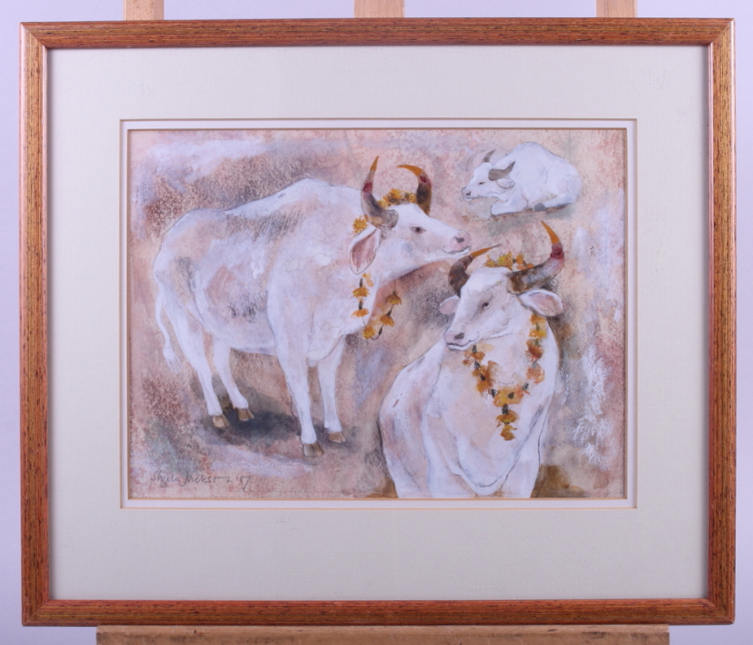 Sheila Jackson, 87: watercolour and chalk, "Cows with Garlands, India", 8" x 10 1/2", in laminated - Image 2 of 6