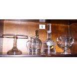 A 19th century glass tazza, a 1930s glass liqueur decanter and stopper, a Dartington decanter and