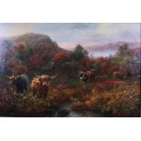 J Hughes: oil on canvas, cattle in a Highland scene, 19" x 28 1/2", in gilt frame