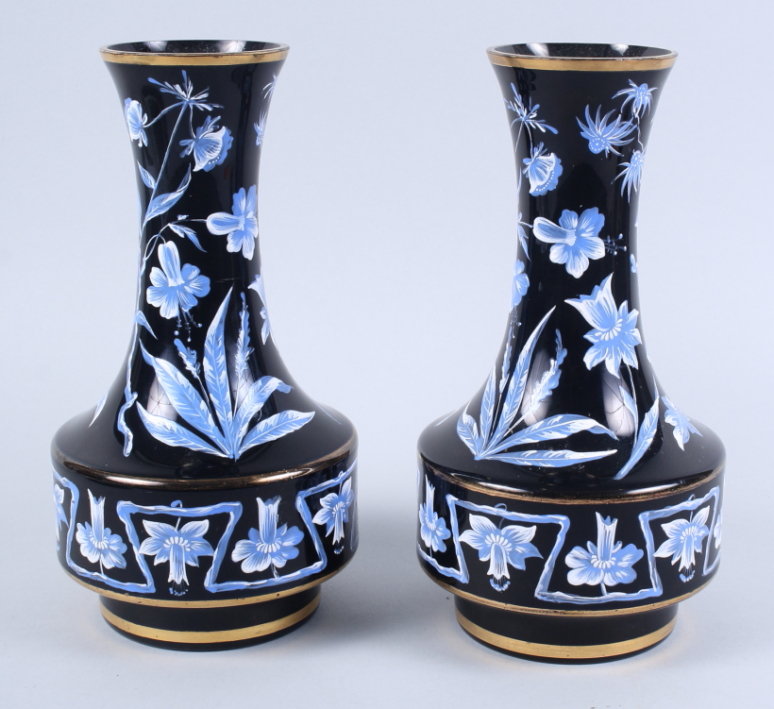 A pair of Continental glass vases, decorated blue flowers, 10" high, an orange glass vase and a