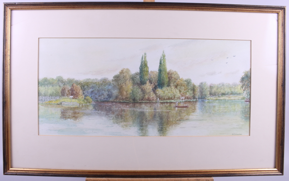 R P Shearer: watercolours, waterway scene with figures in a boat, 9 1/2" x 21", and Lynn Banks: - Image 2 of 4