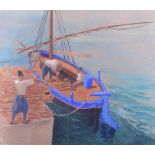 Marian Laing, 1933: watercolours, three figures loading firewood from a boat, 10 1/2" x 12", in