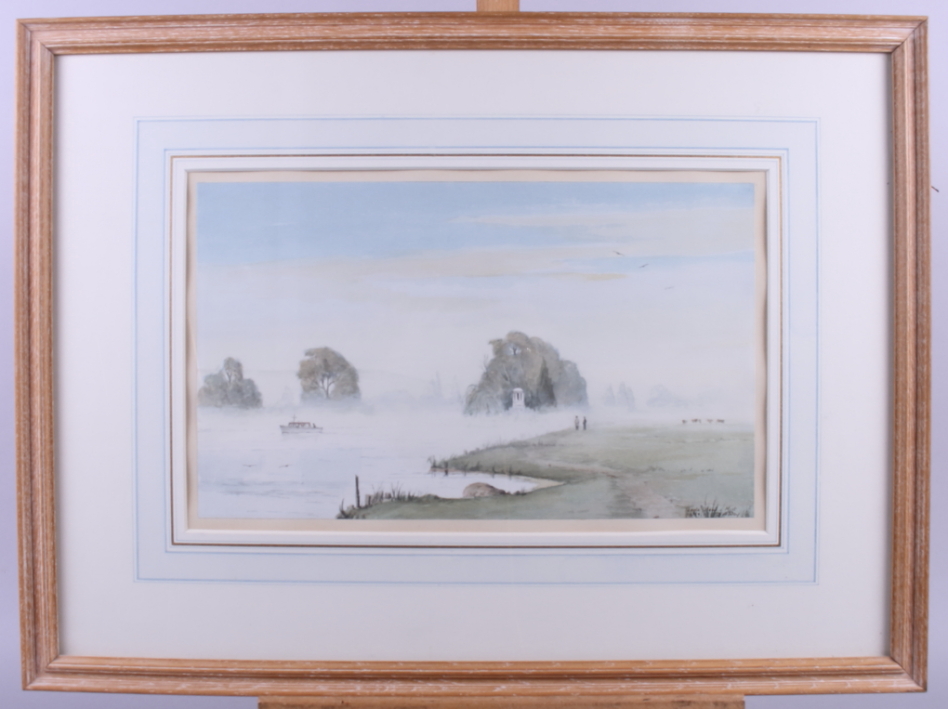 David Addey: watercolours, "Mist at Temple Island", 8 1/2" x 14", in strip frame, and a Peter Thomas - Image 2 of 6