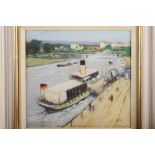 Brian Lindley: pastels, riverboat on the Rhine, 9 1/2" x 10", in white frame