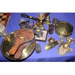 A quantity of mixed metalware, including a pair of fire bellows, a candlestick, a pewter mustard