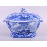 An 18th century blue and white "Shipping Series" pattern soup tureen, 16" wide (damages)