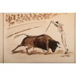 Angel Zapata?: pen and wash, matador and bull, 6" x 8", unframed, and another similar, 8 1/2" x