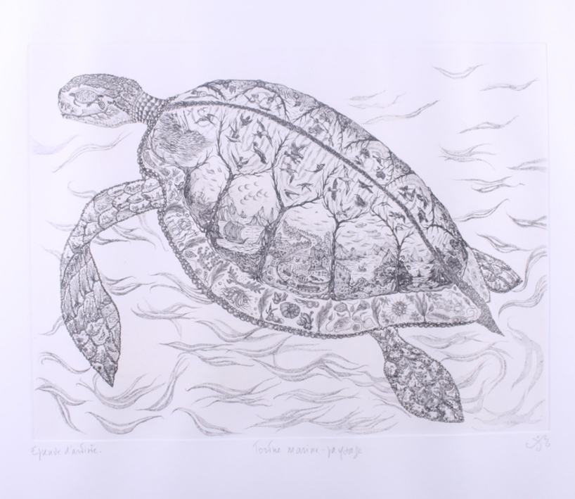 A modern French artist proof etching of a marine turtle, in gilt strip frame