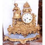 A Continental gilt metal mantel clock with white enamel dial and Arabic numerals, on stand, 13" high
