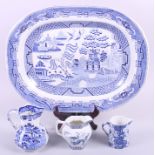 A "Willow" pattern meat plate, a Masons blue and white jug and other items