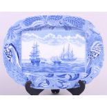 An 18th century blue and white "Shipping Series" pattern meat plate, 13 1/2" wide