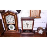 A Smiths eight-day mantel clock, an American mantel clock with painted glass panel, 5 1/4" high, and