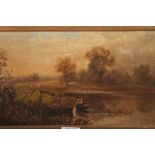 An oil on canvas, waterway scene with cattle and figure in boat, 7 1/2" x 15 1/2", in gilt frame,