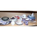 Six botanical decorated plates, a Beleek jug and other decorative china