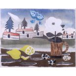 † Mary Fedden, OBE, RA, 1988: watercolours and collage, "American still life", 12" x 15 1/2", in