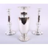 A pair of Varnish & Co type silvered glass candlesticks, 10" high, and a similar vase with flared