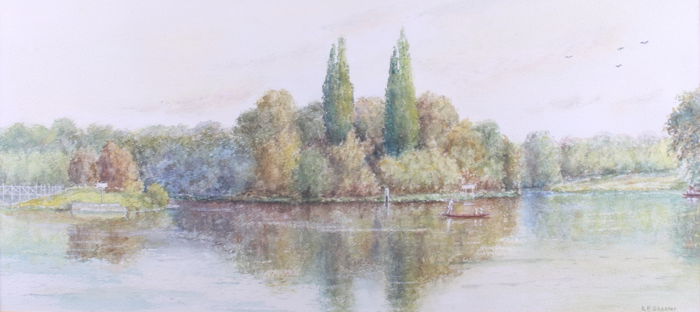 R P Shearer: watercolours, waterway scene with figures in a boat, 9 1/2" x 21", and Lynn Banks: