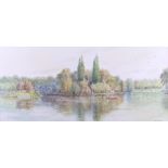 R P Shearer: watercolours, waterway scene with figures in a boat, 9 1/2" x 21", and Lynn Banks: