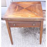 A mahogany envelope card table, fitted drawer, on square taper supports, 19" square