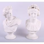 A Parian ware bust of Apollo, 11" high, and a companion, Sappho, 12" high (chipped laurel wreath)