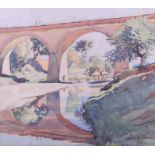 Noah Vivian: early 20th century watercolour study, "Middle Eastern bridge with camels watering, 8