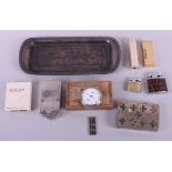 A Russian silver and niello decorated box, a silver plated soap dish, five lighters, a snuff dish