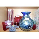 An Okra blue glass vase and other coloured glass, various