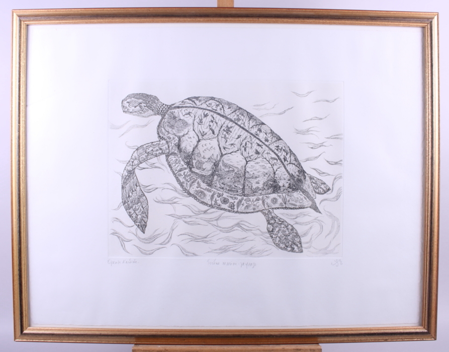A modern French artist proof etching of a marine turtle, in gilt strip frame - Image 2 of 8