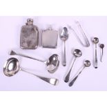 A pair of silver sauce ladles, two hip flasks and assorted spoons, 10.2oz troy approx