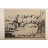 Cyril C Pearce: an etching, Barnstaple, 9" x 12", in black frame, J M West: etching, urban scene