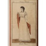 A set of four "Costume Parisien 1806" hand-coloured fashion plates, in strip frames