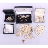 Two dragonfly brooches, two "Pearl" necklaces and other costume jewellery
