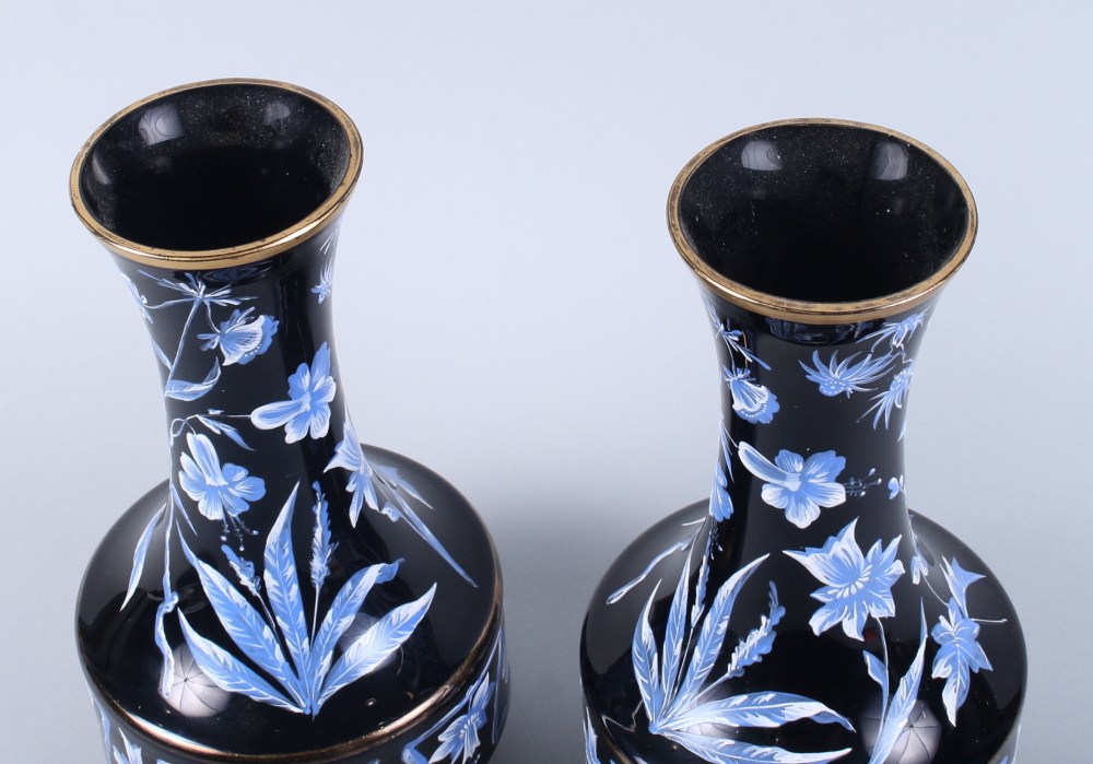 A pair of Continental glass vases, decorated blue flowers, 10" high, an orange glass vase and a - Image 2 of 4