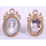 A pair of portrait miniatures, 18th century beauties, in gilt metal frames, 2 3/4" high